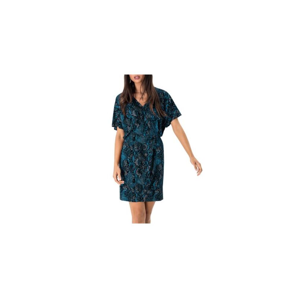 LEOTA Womens Stretch Flutter Sleeve Surplice Neckline Mini Party Faux Wrap Dress